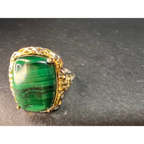 Karis Platinum & 18K Gold Plated Malachite Statement Ring Size 7 - Picture 12 of 16